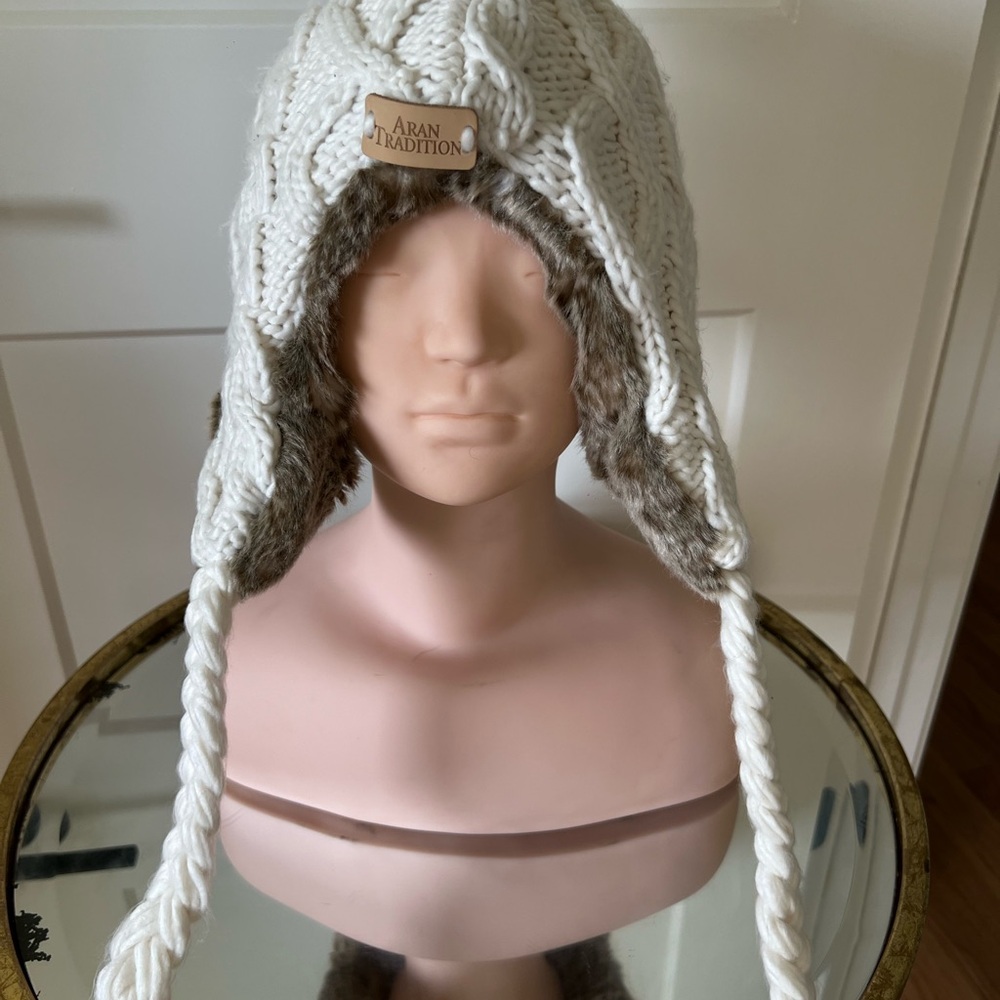 Aran Tradition White Knit Earflap Hat